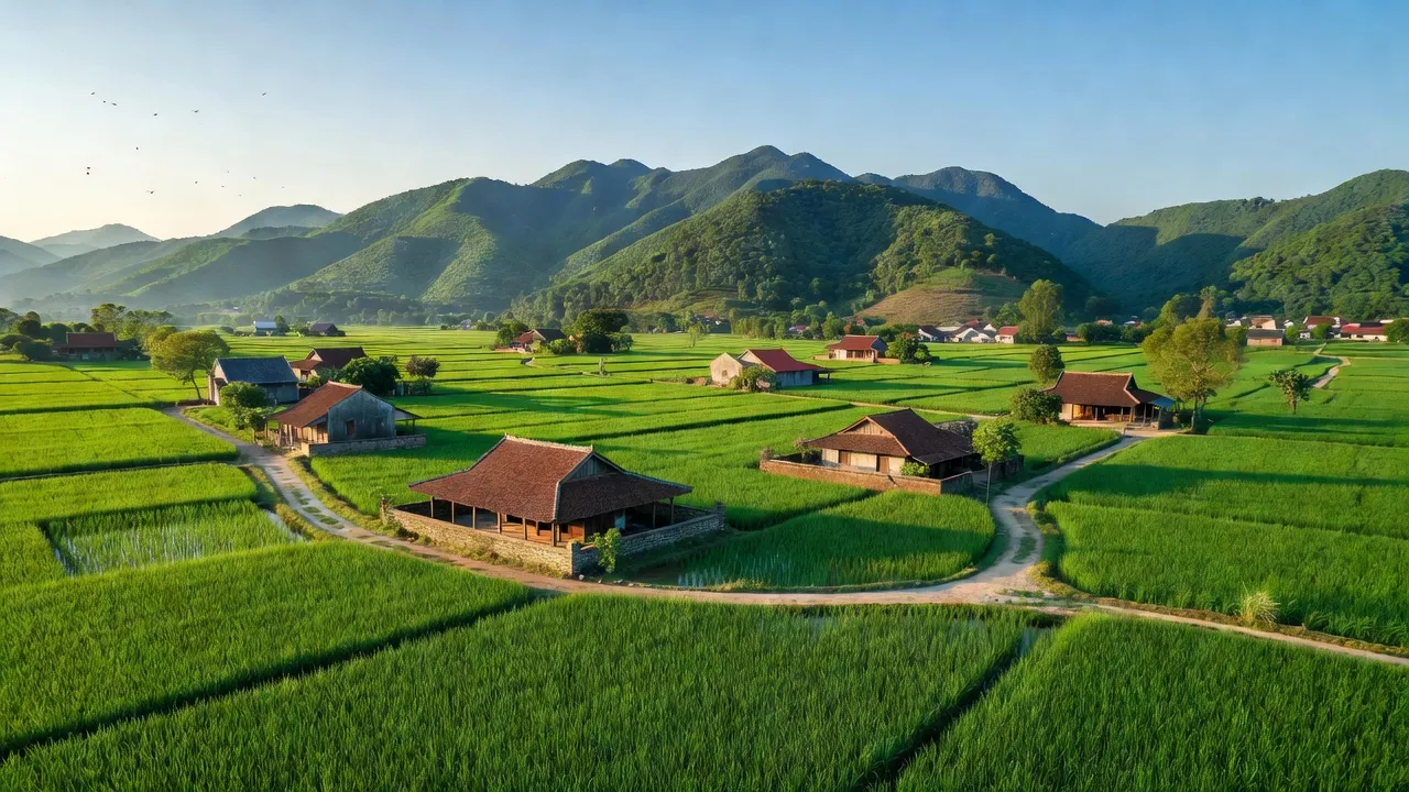 Quang cảnh huyện Quốc Oai, Hà Nội với cánh đồng xanh mướt và nhà cửa truyền thống.