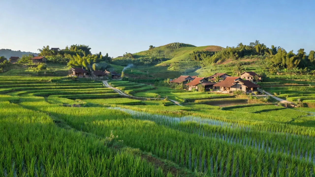 Cảnh quan huyện Sóc Sơn, Hà Nội với cánh đồng xanh và ngôi làng truyền thống, thể hiện vẻ đẹp nông thôn.