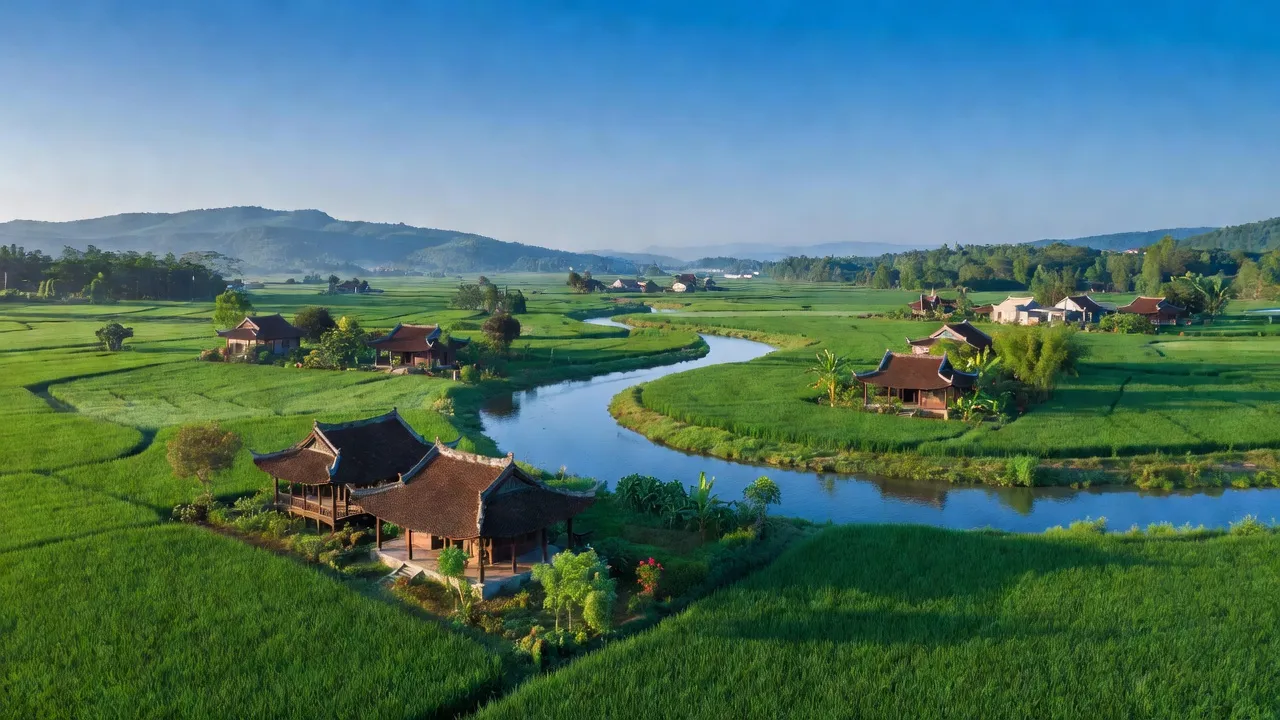 Huyện Sóc Sơn, Hà Nội với cánh đồng xanh, sông và nhà truyền thống Việt Nam ở vùng nông thôn.