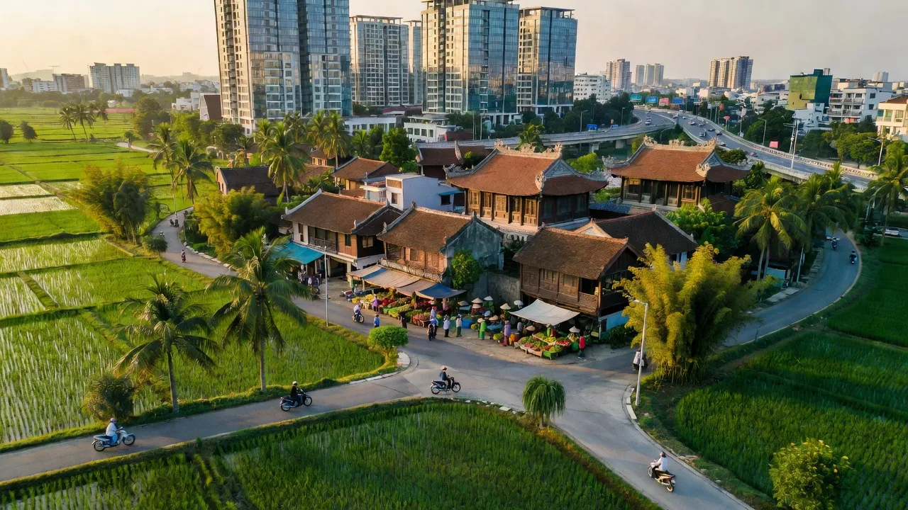 Khung cảnh Sơn Tây, Hà Nội với kiến trúc truyền thống, xanh mát và liên kết giao thông thuận lợi.