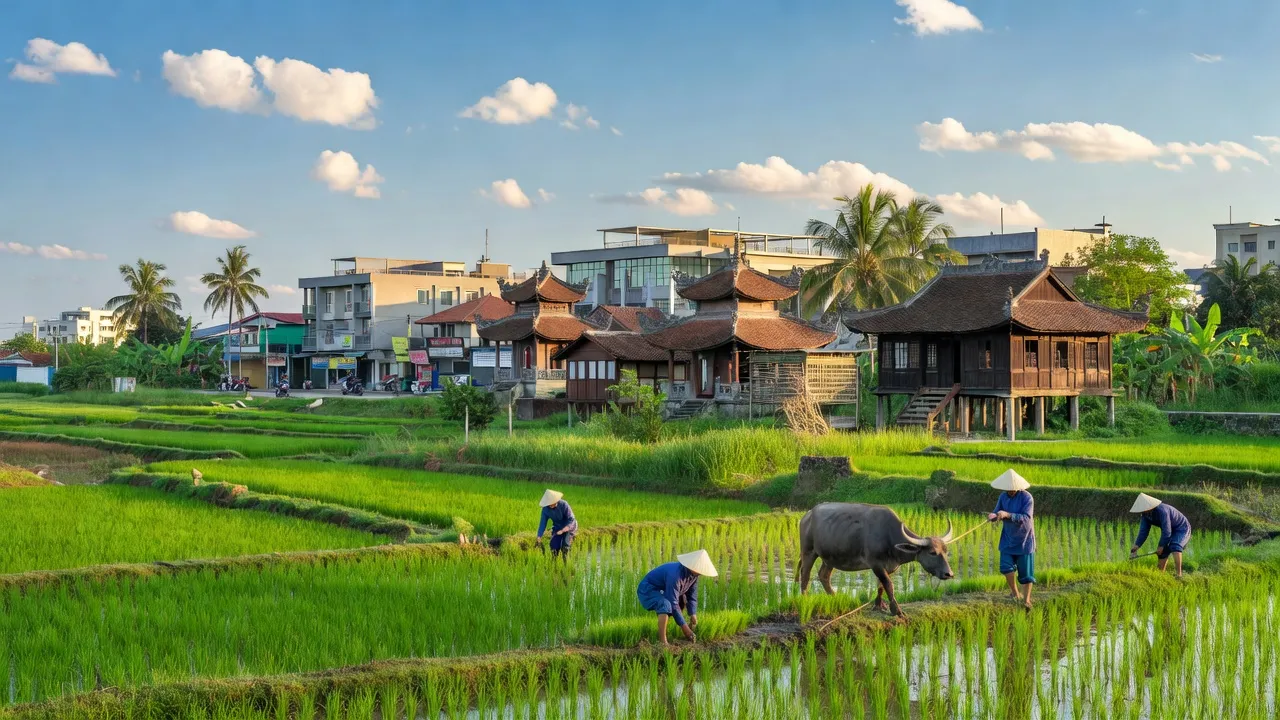 Cảnh quan huyện Thạch Thất với nền nông nghiệp xanh tươi và kiến trúc truyền thống Việt Nam.