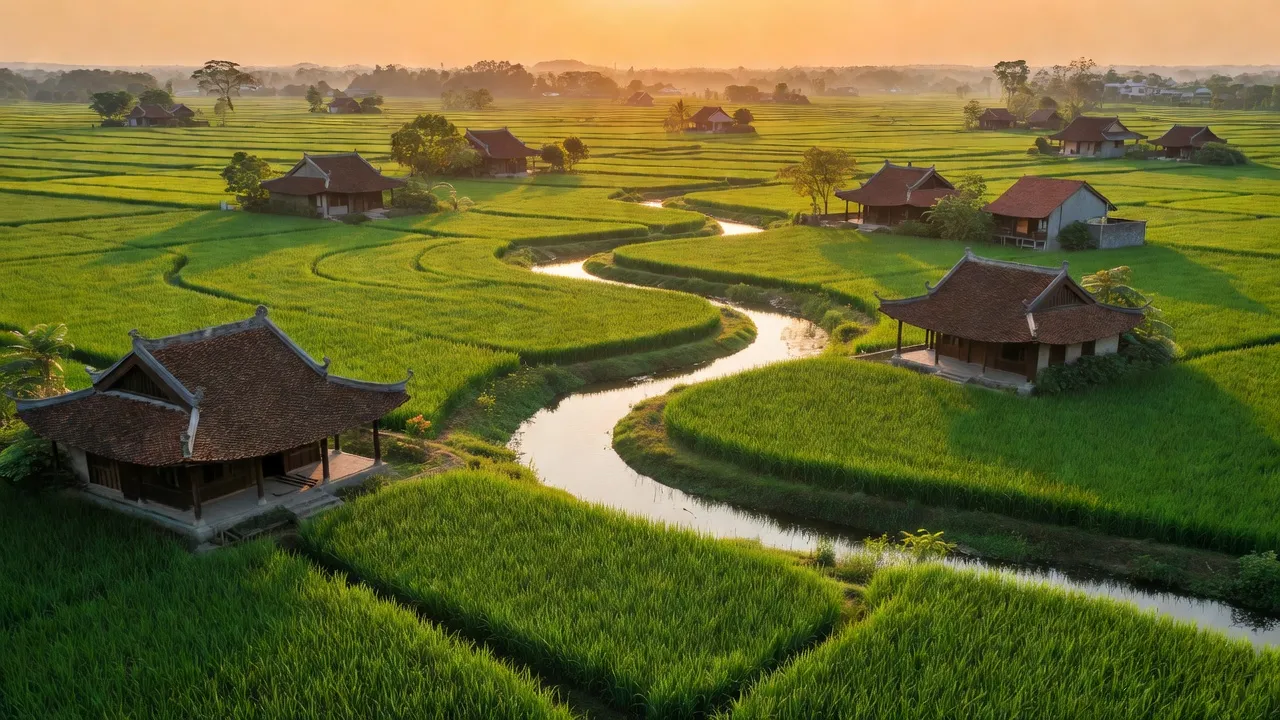 Khung cảnh Huyện Thạch Thất với cánh đồng xanh và ánh hoàng hôn, Hà Nội.