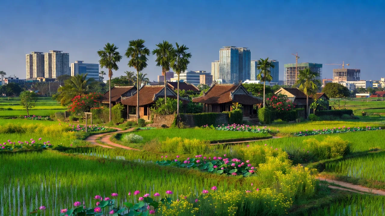 Cảnh quan huyện Thanh Oai, Hà Nội với nền nông thôn và phát triển đô thị rõ rệt.