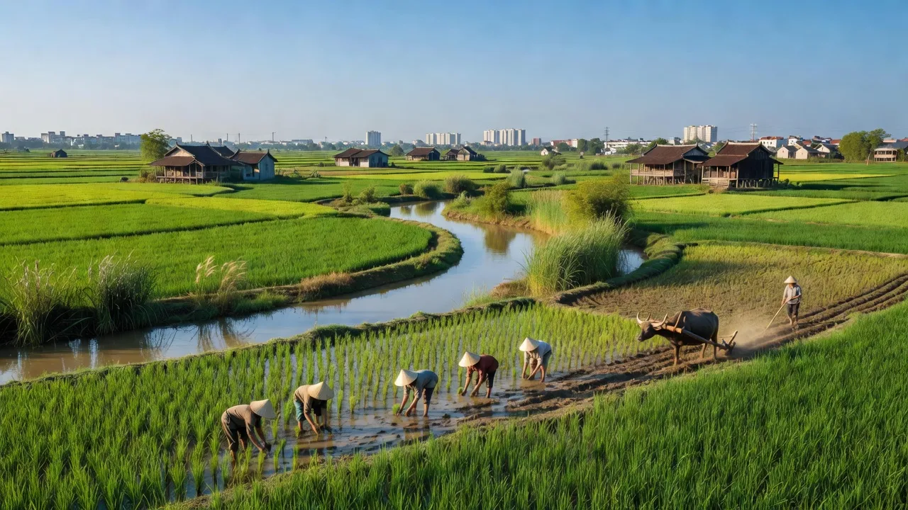 Huyện Thanh Trì, Hà Nội với cánh đồng xanh, sông ngòi và kiến trúc Việt Nam đặc trưng.