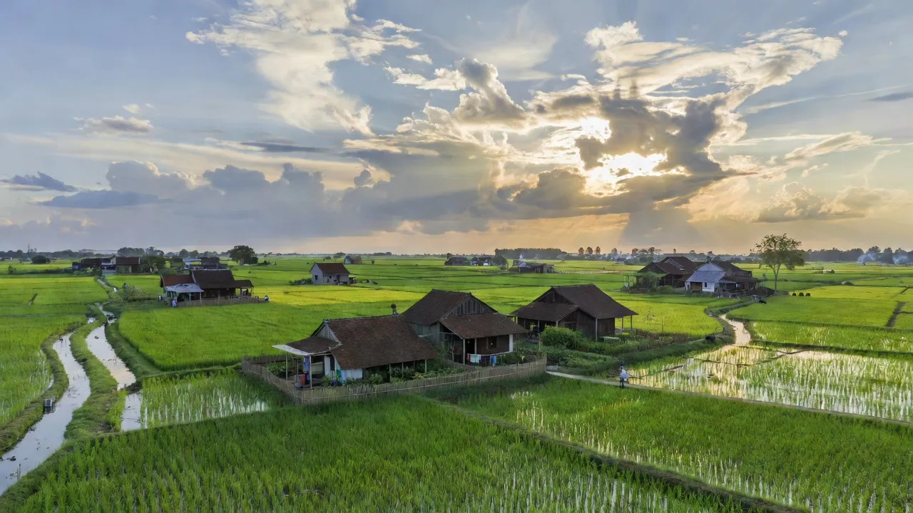 Khung cảnh huyện Thanh Trì, Hà Nội với đồng xanh và hệ thống sông ngòi, thể hiện nông nghiệp và dân cư.