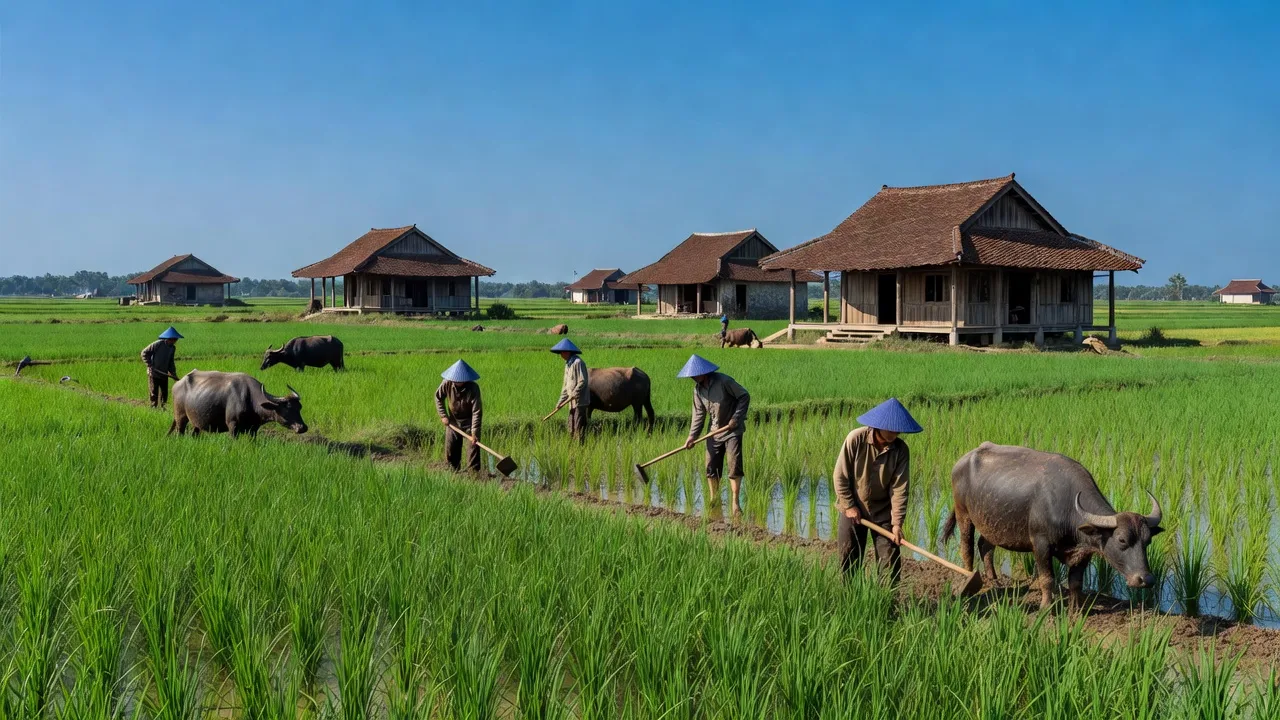 Cảnh quan huyện Thường Tín, Thành phố Hà Nội với đồng xanh và nhà truyền thống Việt Nam.