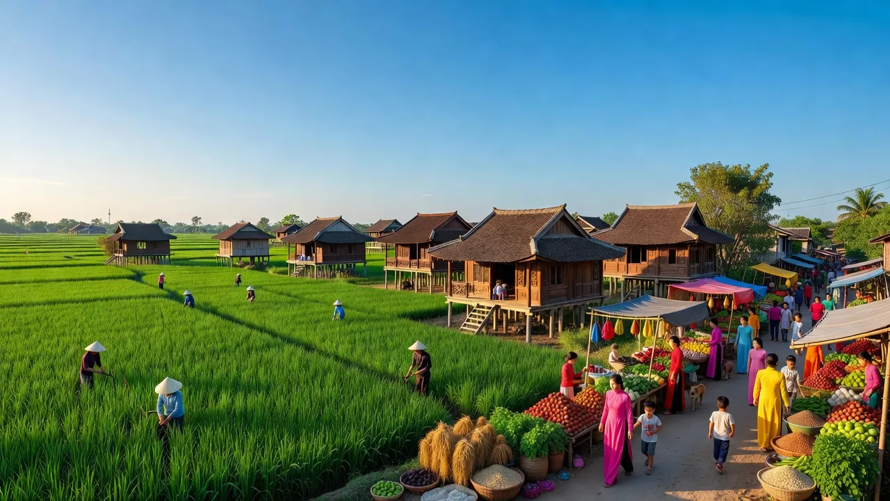 Quang cảnh huyện Thường Tín, Hà Nội với đồng ruộng, nhà truyền thống và cuộc sống nhộn nhịp.