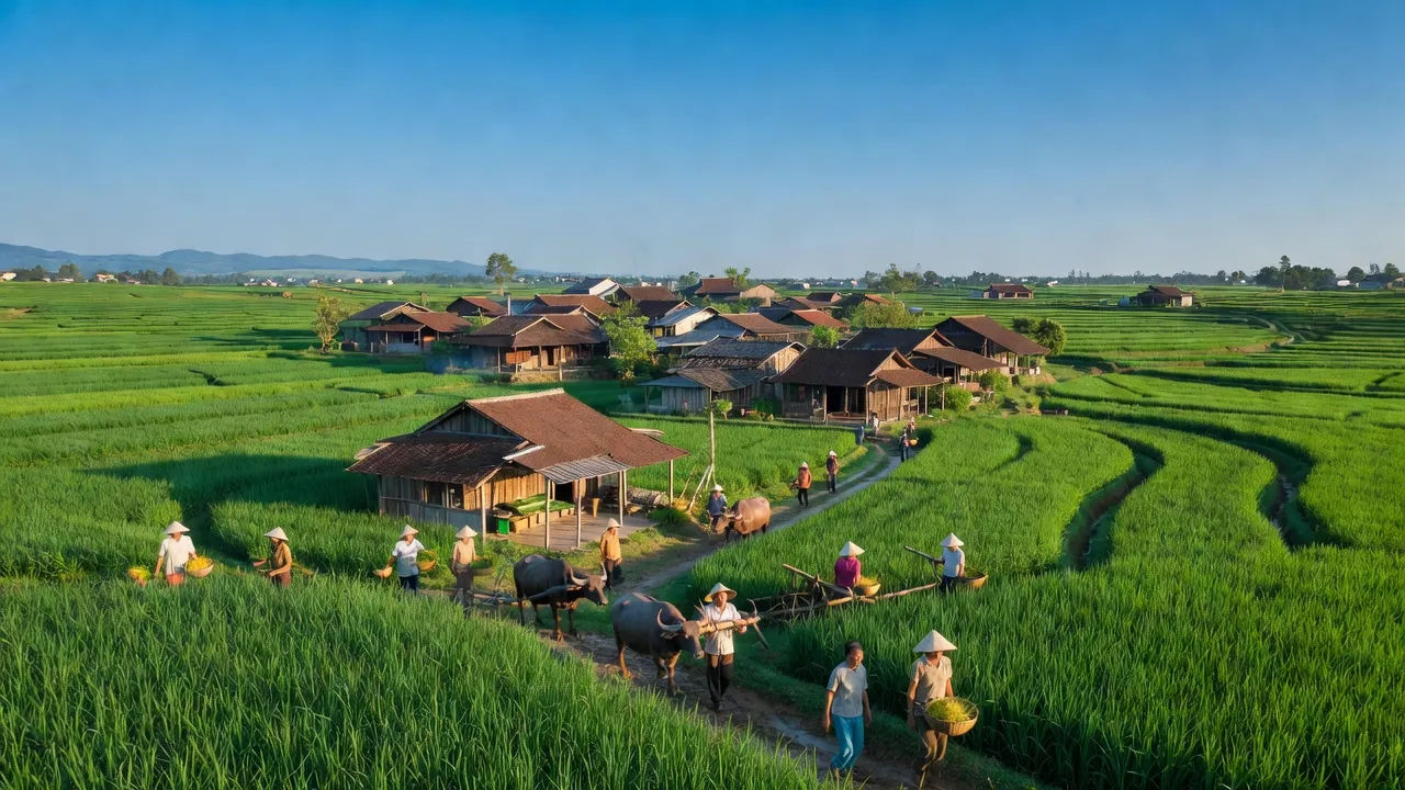 Cảnh đẹp huyện Ứng Hòa, Hà Nội với cánh đồng xanh và nhà truyền thống, phản ánh đời sống nông nghiệp.