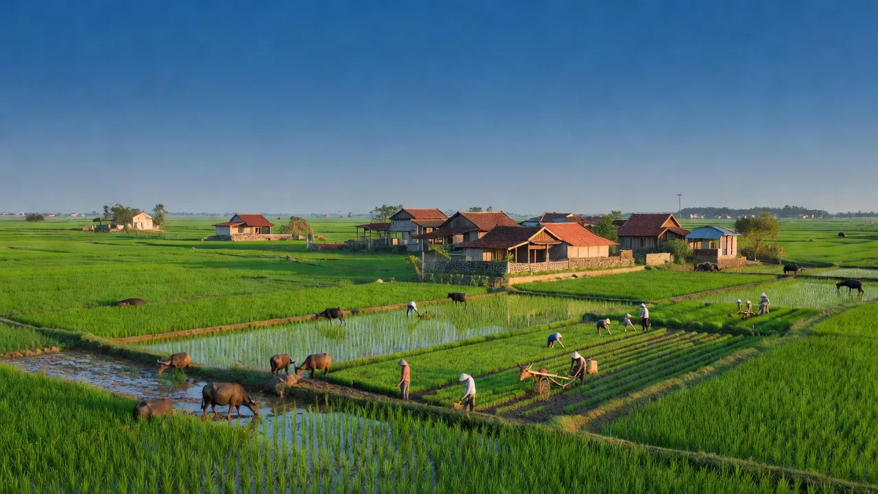 Khung cảnh huyện Ứng Hòa, Hà Nội với đồng quê xanh tươi và nhà cửa truyền thống.