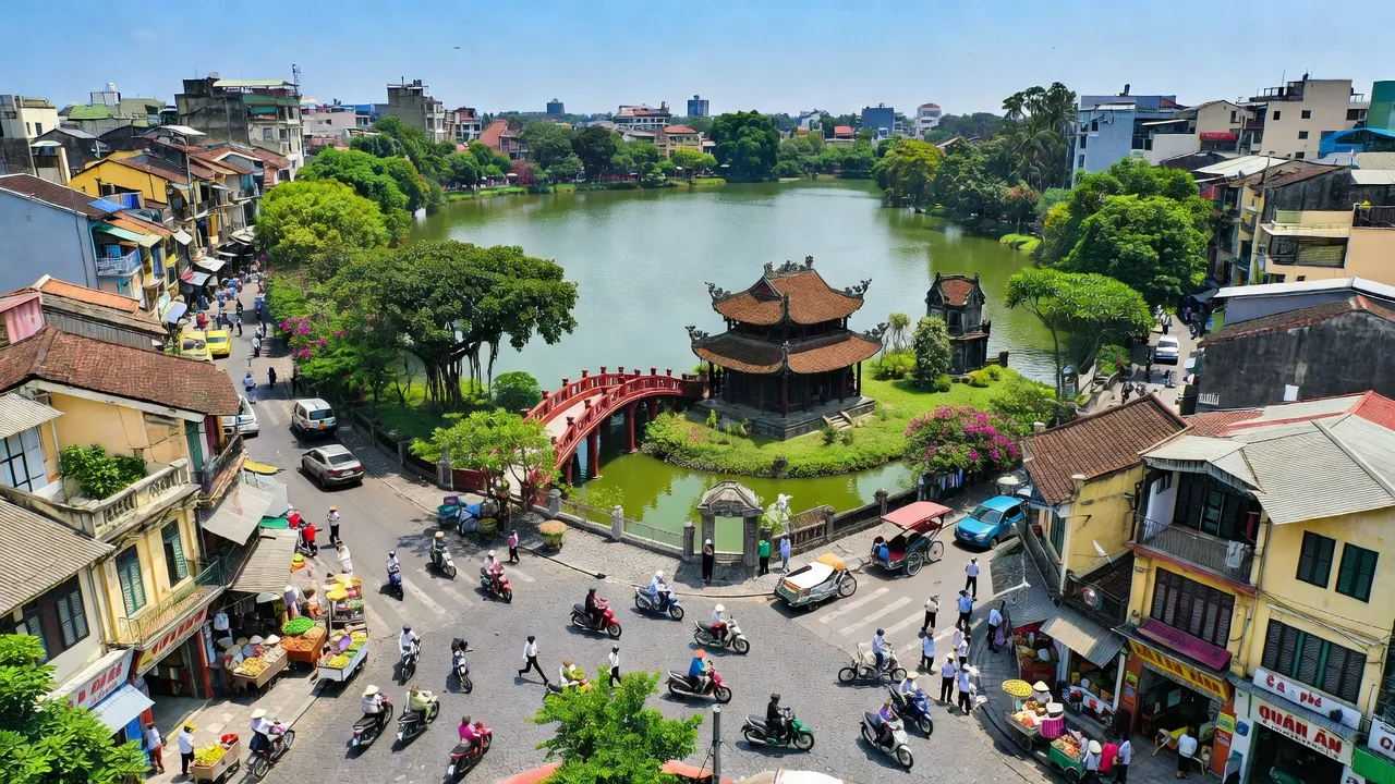 Khung cảnh thành phố Hà Nội với Hồ Gươm và kiến trúc lịch sử, ngày nắng đẹp.