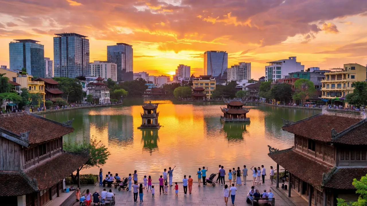 Quang cảnh thành phố Hà Nội, Hồ Gươm, kiến trúc truyền thống và hiện đại, màu sắc hoàng hôn.