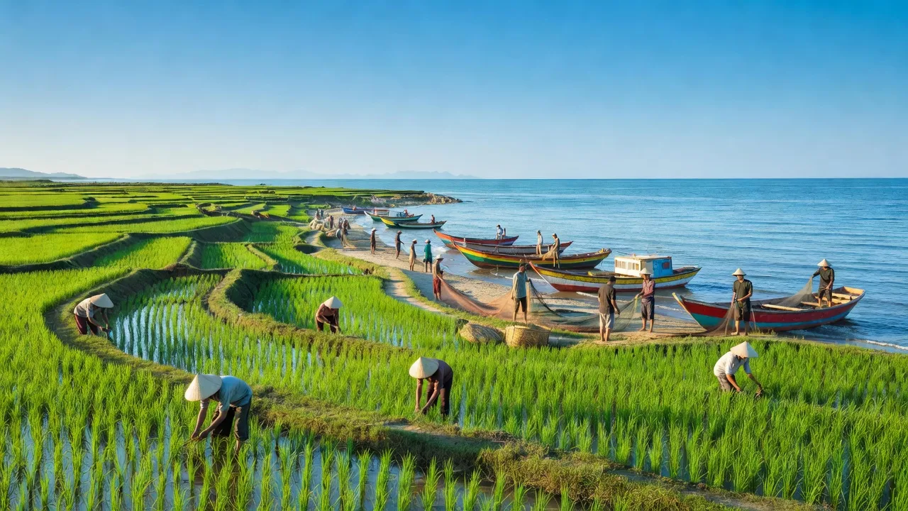 Bức tranh phong cảnh huyện Cẩm Xuyên, Hà Tĩnh với biển cả, đồng ruộng và hoạt động ngư nghiệp.