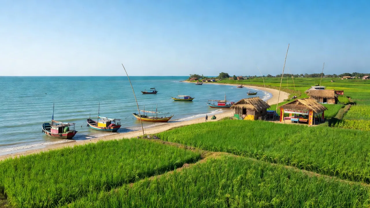 Huyện Cẩm Xuyên, Hà Tĩnh with coastal scenery, green fields, and fishing boats under clear blue skies.