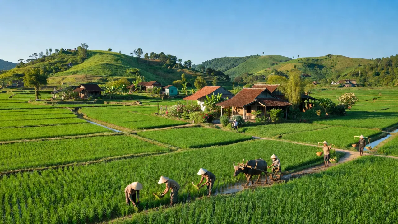 Khung cảnh huyện Đức Thọ, Hà Tĩnh với cảnh quan xanh, nhà truyền thống và cuộc sống nông nghiệp.