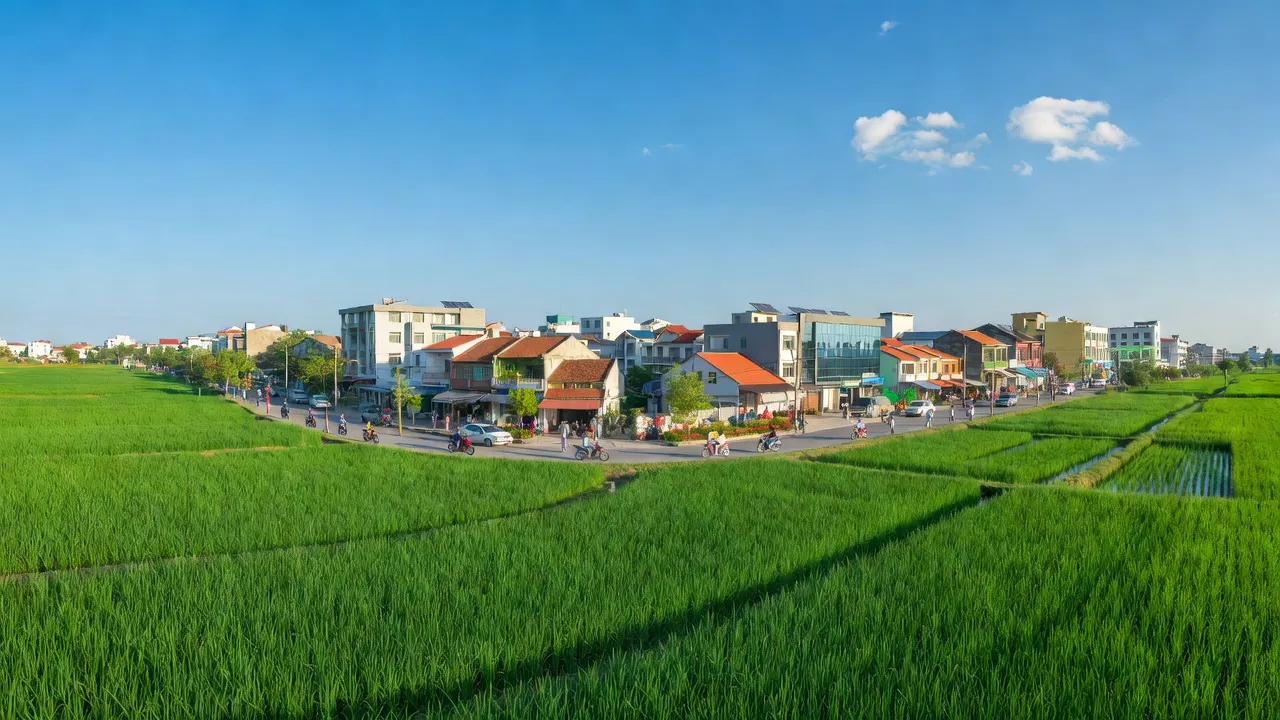 Cảnh quan Hồng Lĩnh, Hà Tĩnh với cánh đồng xanh, thị trấn nhộn nhịp, và bầu trời trong xanh.