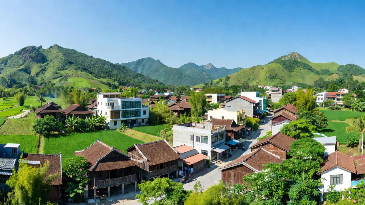 Khung cảnh thị xã Hồng Lĩnh, tỉnh Hà Tĩnh, với kiến trúc địa phương và thiên nhiên xanh tươi.