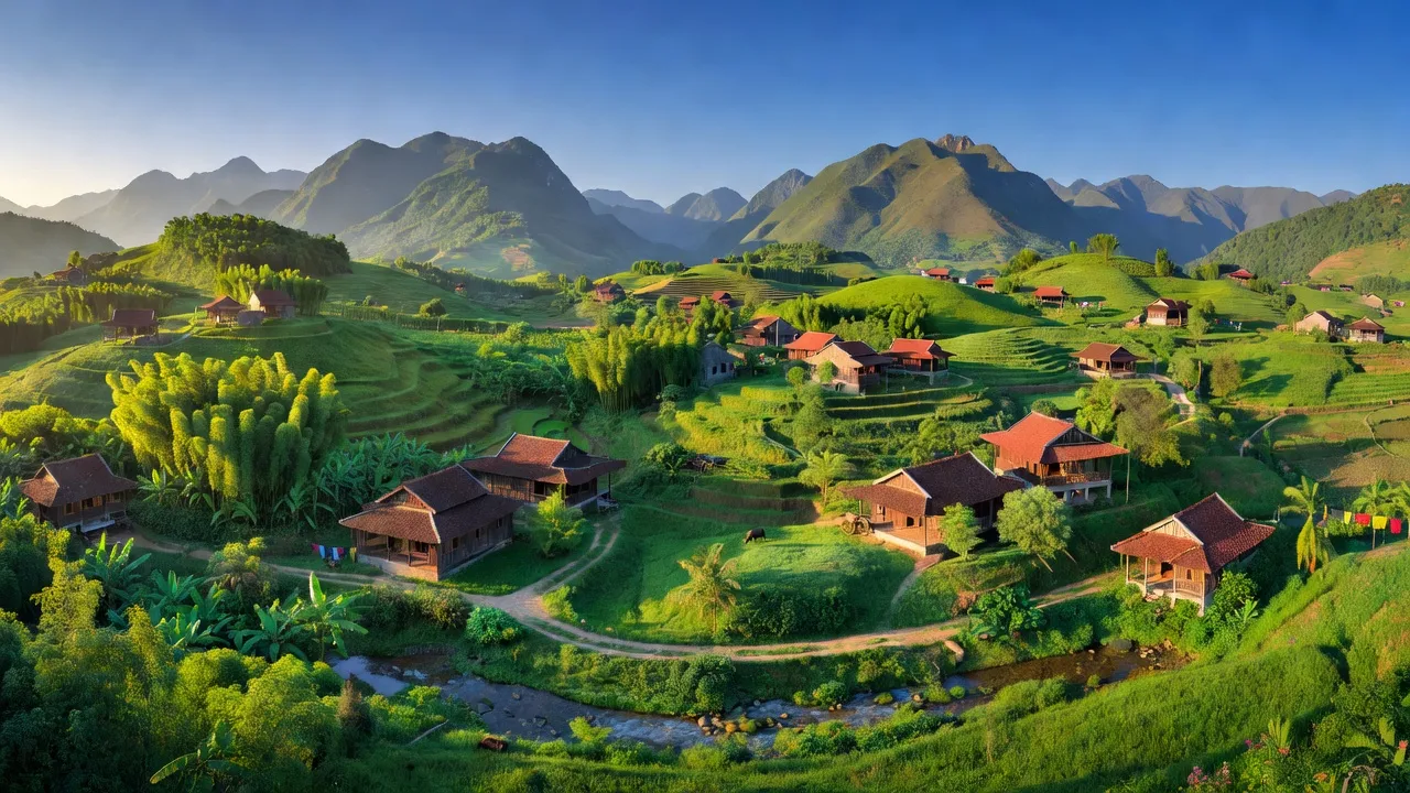 Huyện Hương Sơn, Tỉnh Hà Tĩnh với đồi núi xanh tươi và nhà truyền thống giữa không gian thiên nhiên.