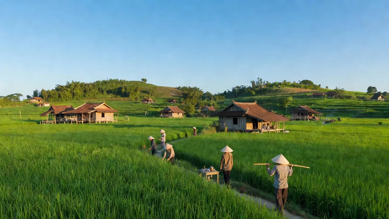 Cảnh đẹp huyện Kỳ Anh, Hà Tĩnh với đồng xanh, nhà truyền thống và bầu trời trong xanh.