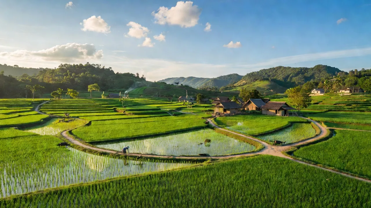 Cảnh rural huyện Kỳ Anh, Hà Tĩnh với cánh đồng xanh, đồi núi và bầu trời trong xanh.