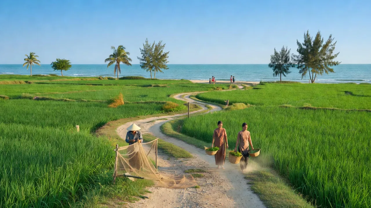 Cảnh quan huyện Nghi Xuân, Hà Tĩnh với đồng bằng ven biển và hình ảnh người dân địa phương.