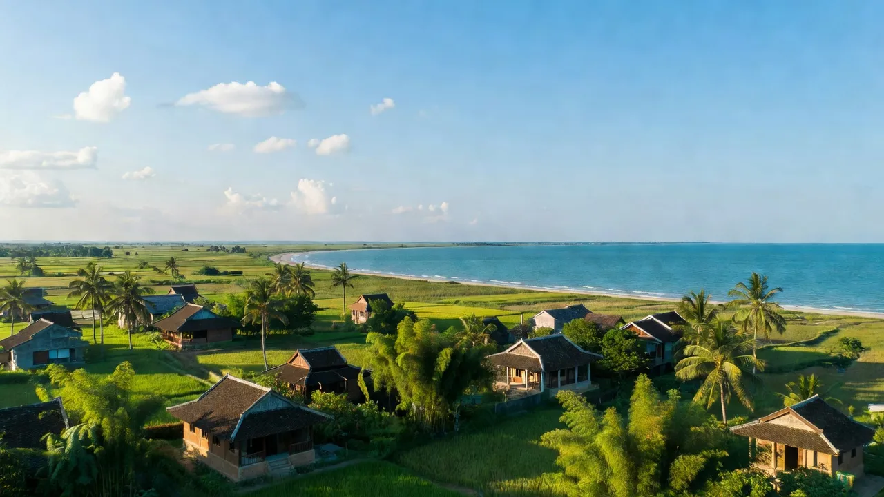 Quang cảnh huyện Nghi Xuân, tỉnh Hà Tĩnh với đồng bằng ven biển và nhà truyền thống Việt Nam.
