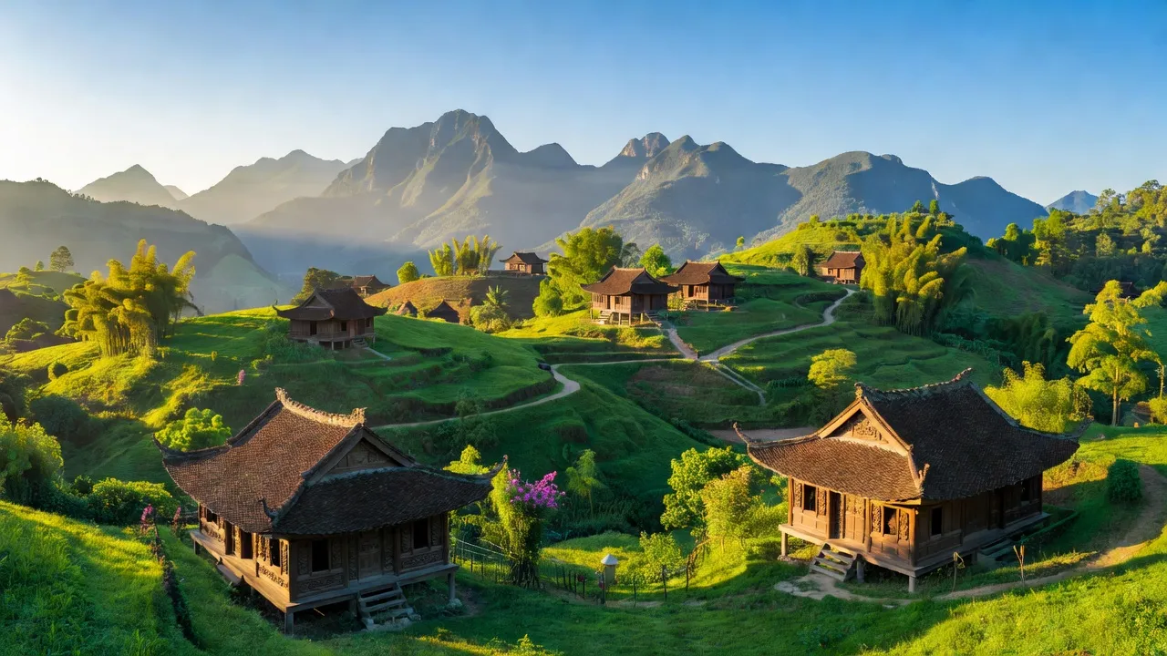 Khung cảnh huyện Vũ Quang Hà Tĩnh, với núi rừng xanh tươi và kiến trúc truyền thống Việt Nam.
