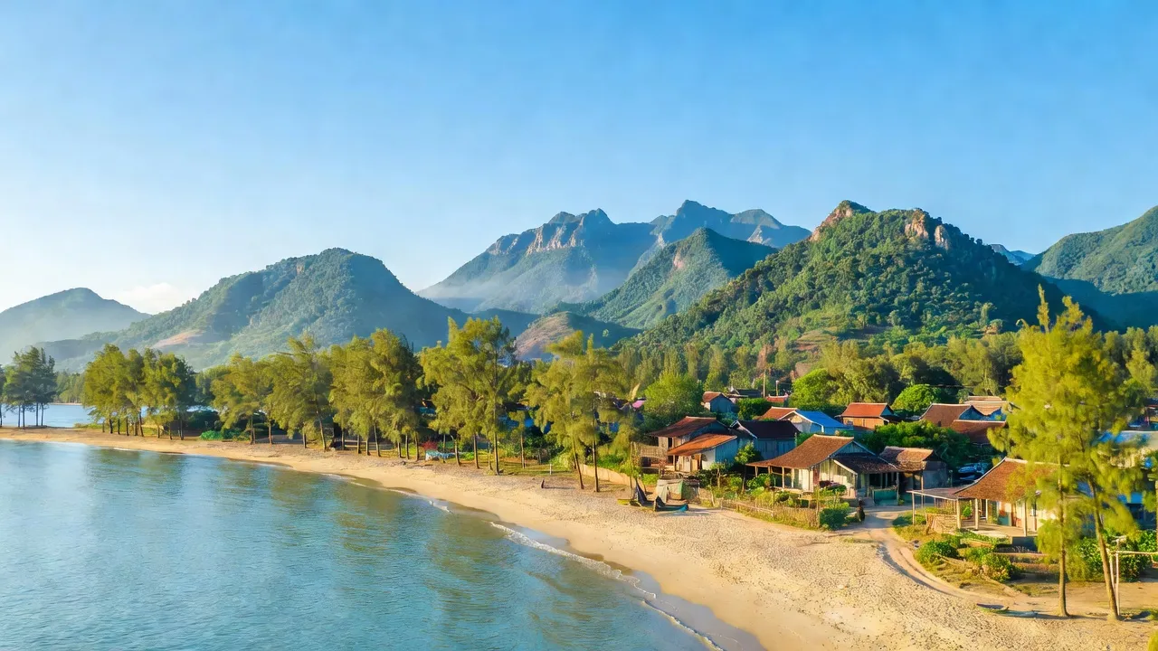 Cảnh đẹp tỉnh Hà Tĩnh, bờ biển, cây xanh, núi non, làng quê truyền thống, Việt Nam.