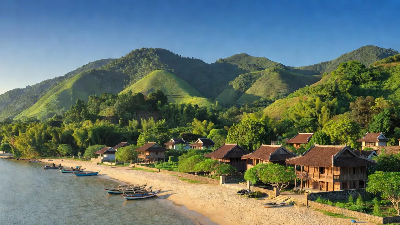 Cảnh đẹp tỉnh Hà Tĩnh với núi xanh, bãi biển yên bình và kiến trúc truyền thống Việt Nam.