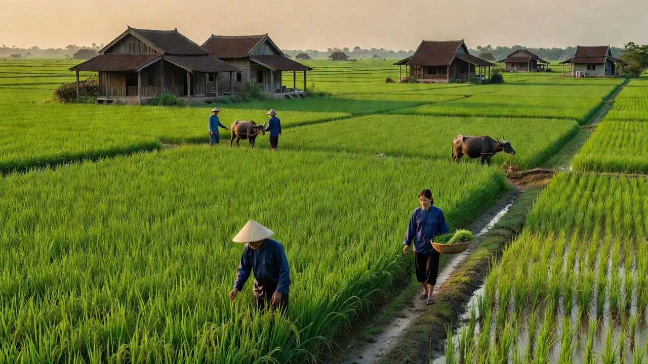 Cánh đồng xanh tươi và nhà truyền thống ở huyện Bình Giang, Hải Dương, thể hiện văn hóa nông nghiệp.