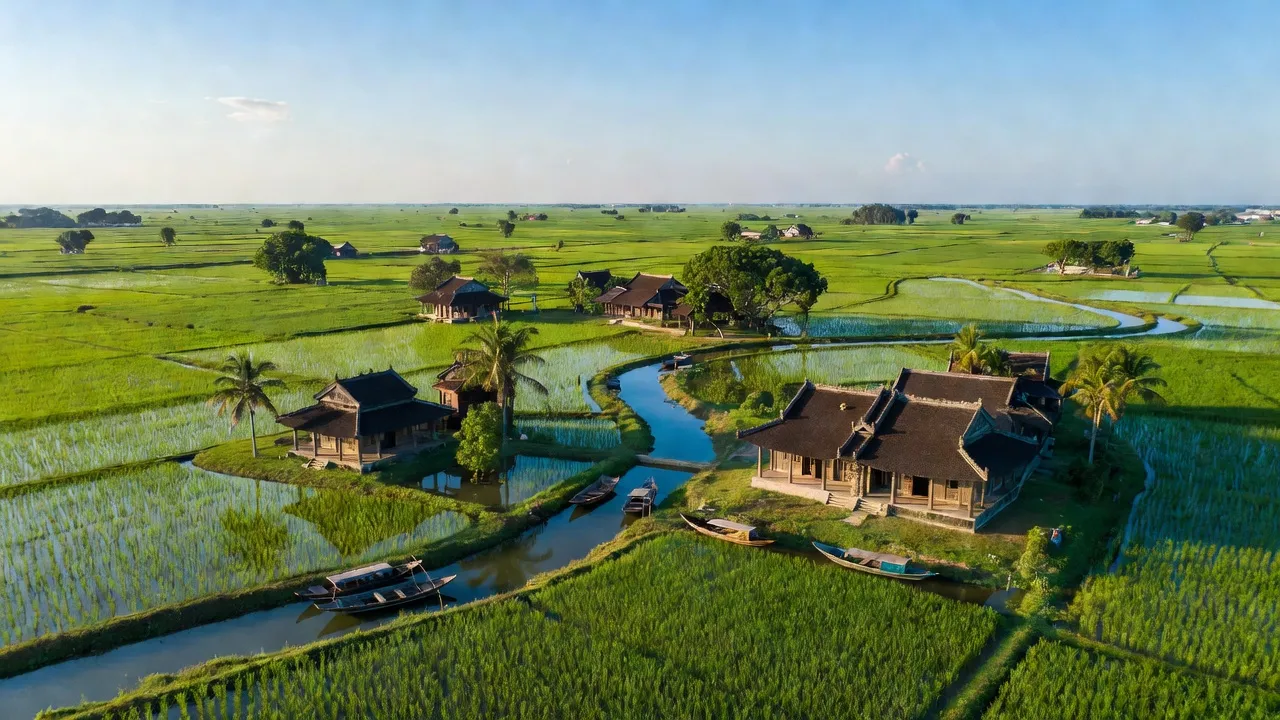 Khung cảnh huyện Bình Giang, Hải Dương với đồng lúa xanh và kiến trúc nông thôn truyền thống.