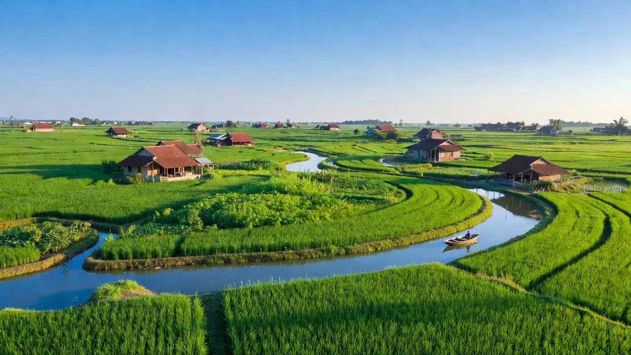 Cảnh quan huyện Cẩm Giàng, Hải Dương với đồng lúa xanh, nhà truyền thống và sông ngòi đẹp.