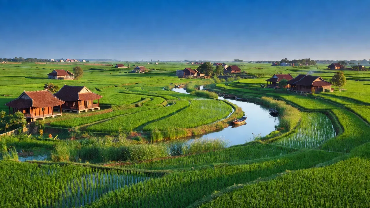 Cảnh quan huyện Cẩm Giàng, tỉnh Hải Dương với đồng lúa xanh và dòng sông nên thơ.