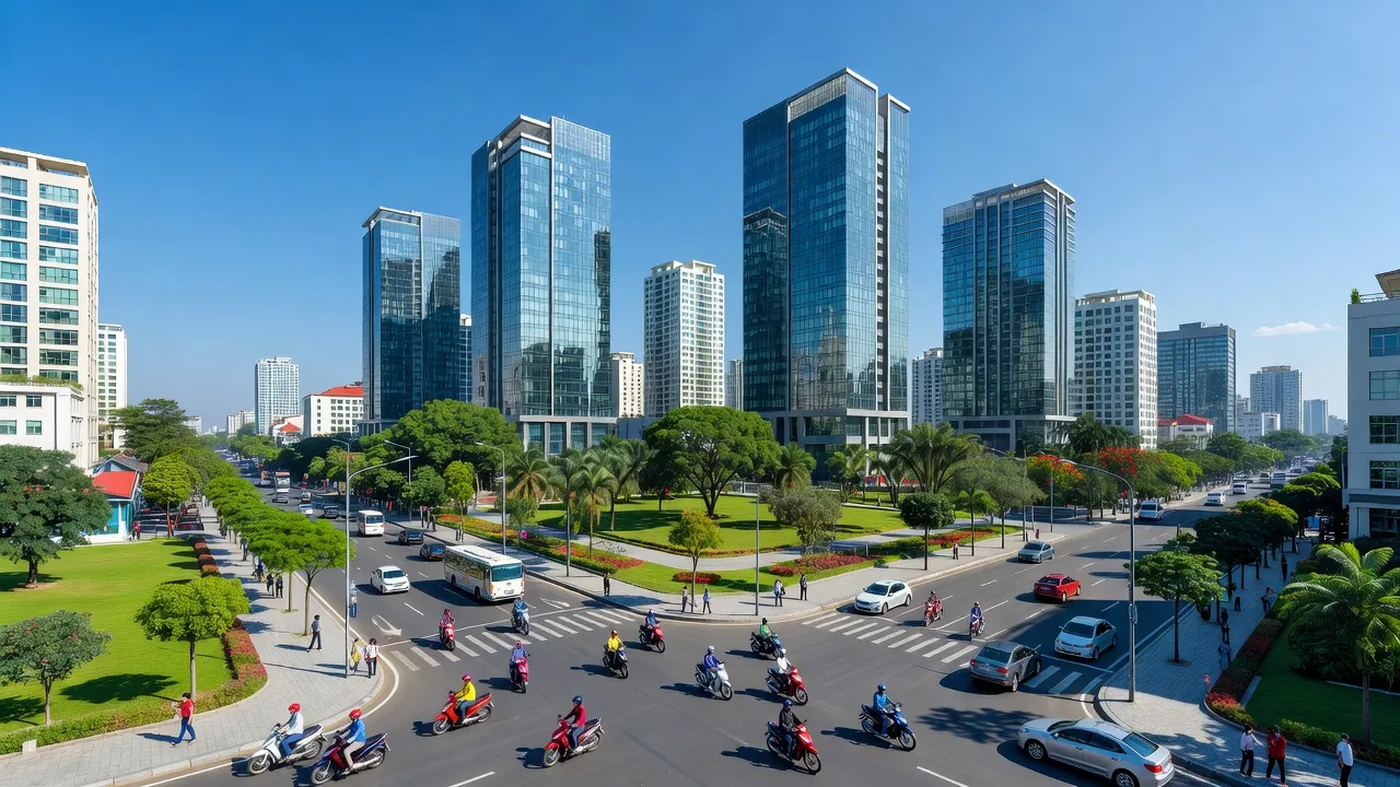 Cảnh quan đô thị hiện đại của Thành phố Chí Linh, Hải Dương với tòa nhà, cây xanh và đường phố nhộn nhịp.