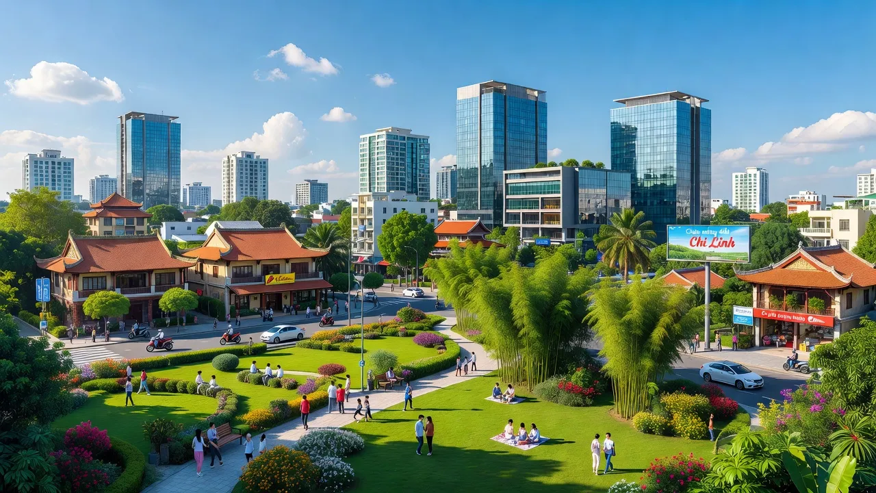 Khung cảnh thành phố Chí Linh, Hải Dương với kiến trúc hiện đại và công viên xanh.