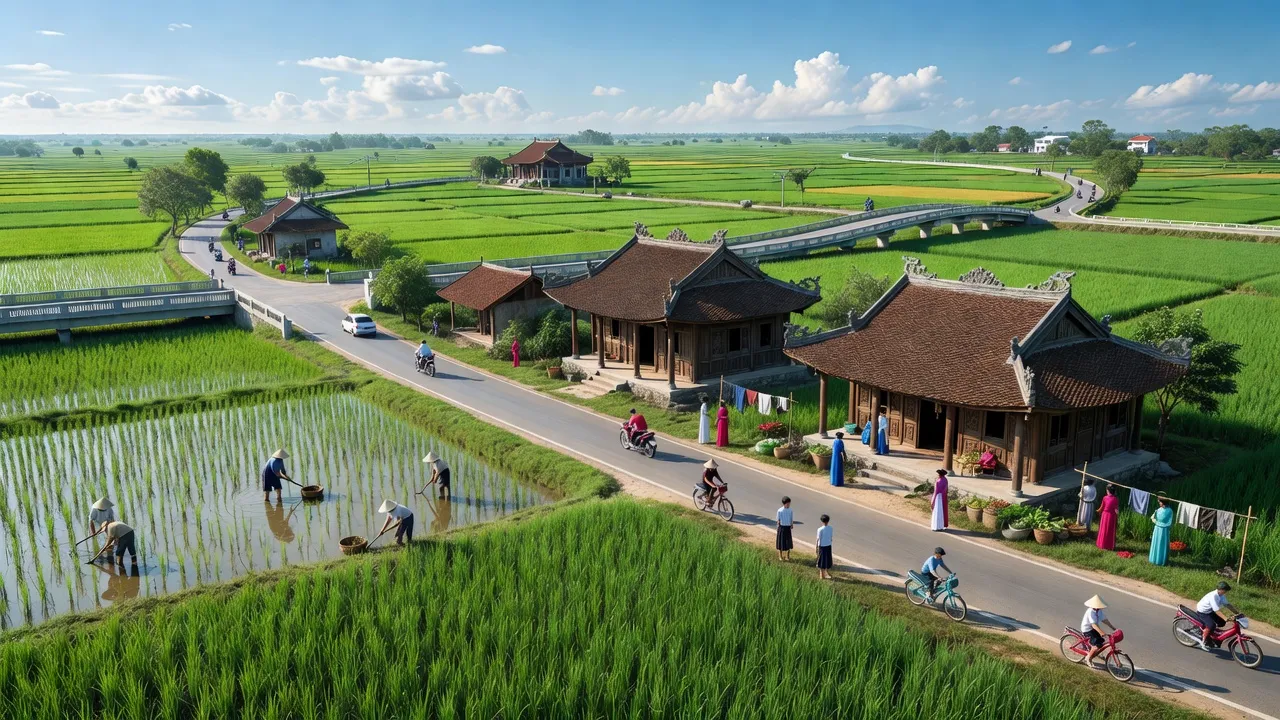 Khung cảnh huyện Gia Lộc tỉnh Hải Dương với cánh đồng xanh và kiến trúc truyền thống.