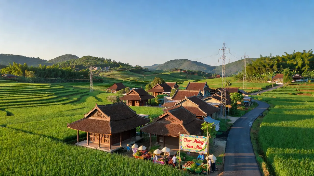 Phong cảnh huyện Gia Lộc, Hải Dương với cánh đồng xanh và nhà truyền thống giữa bầu trời trong xanh.