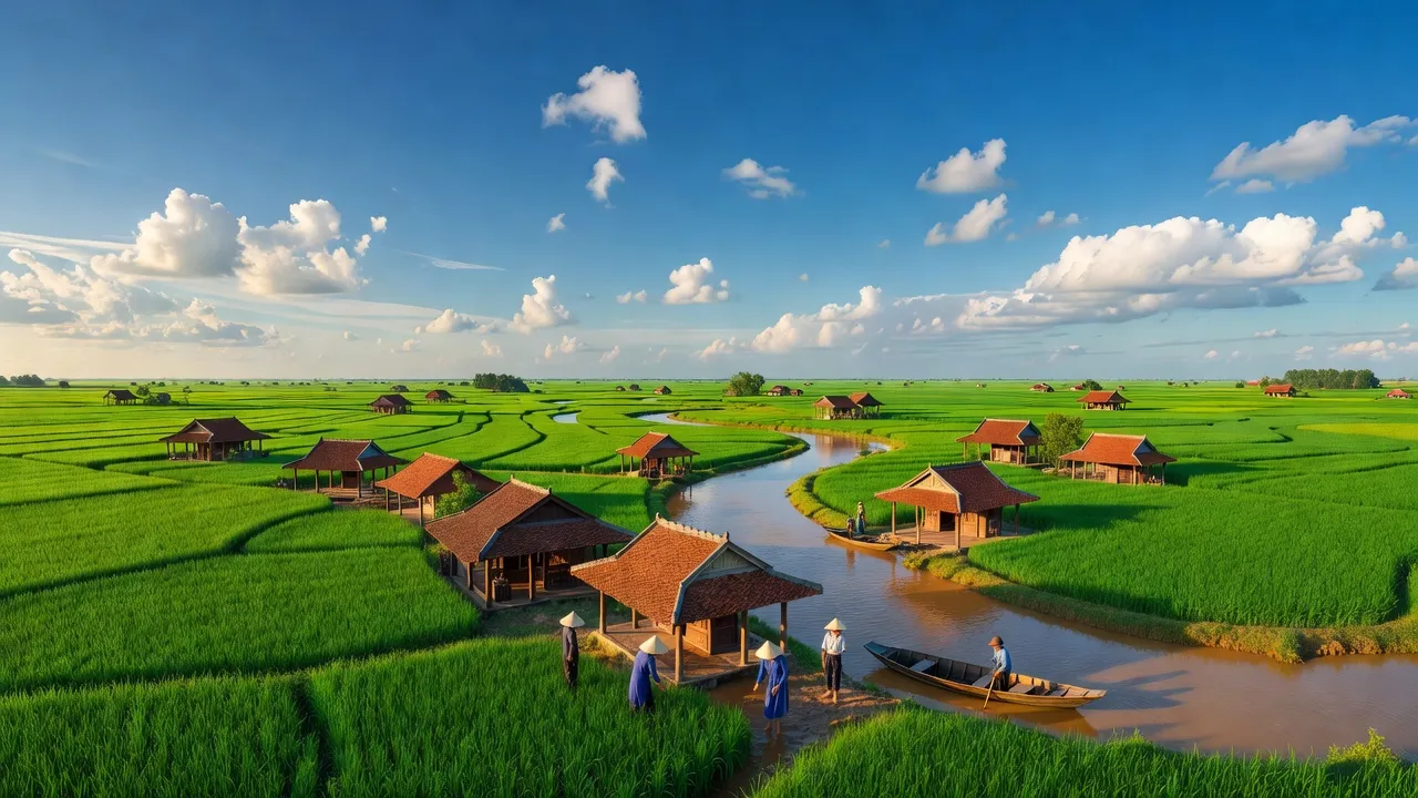 Cảnh quan huyện Kim Thành, Hải Dương với cánh đồng xanh và sông nước chảy quanh.