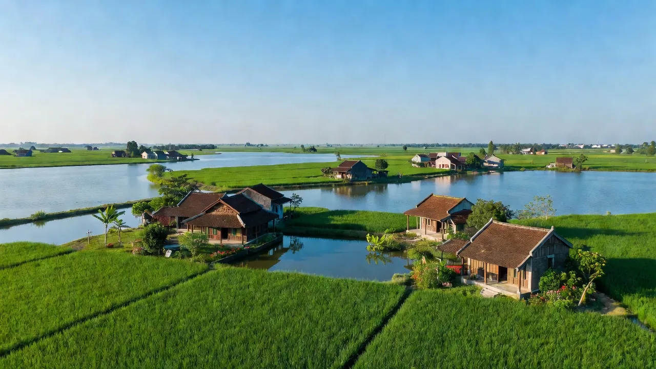 Phong cảnh huyện Kim Thành Hải Dương với sông, cánh đồng và nhà truyền thống, thể hiện sự phát triển và thiên nhiên.