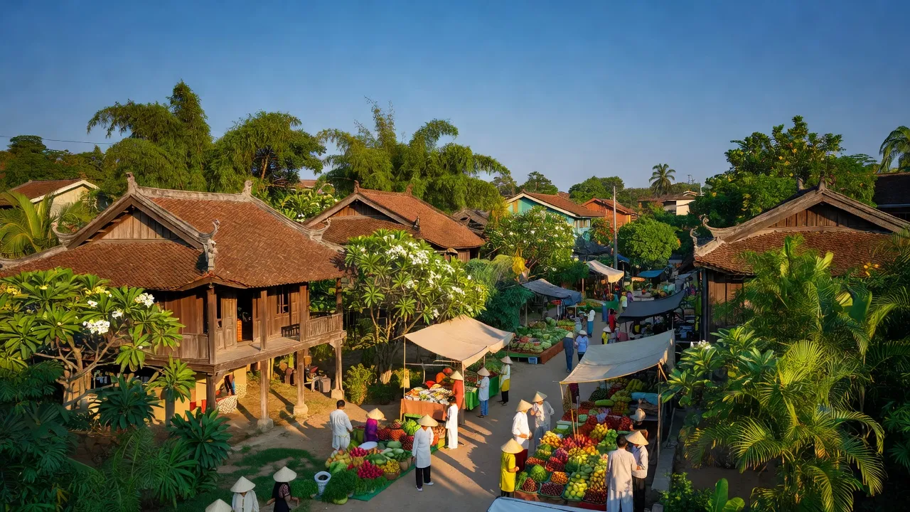 Khung cảnh Thị xã Kinh Môn, tỉnh Hải Dương với kiến trúc truyền thống và thiên nhiên tươi đẹp.