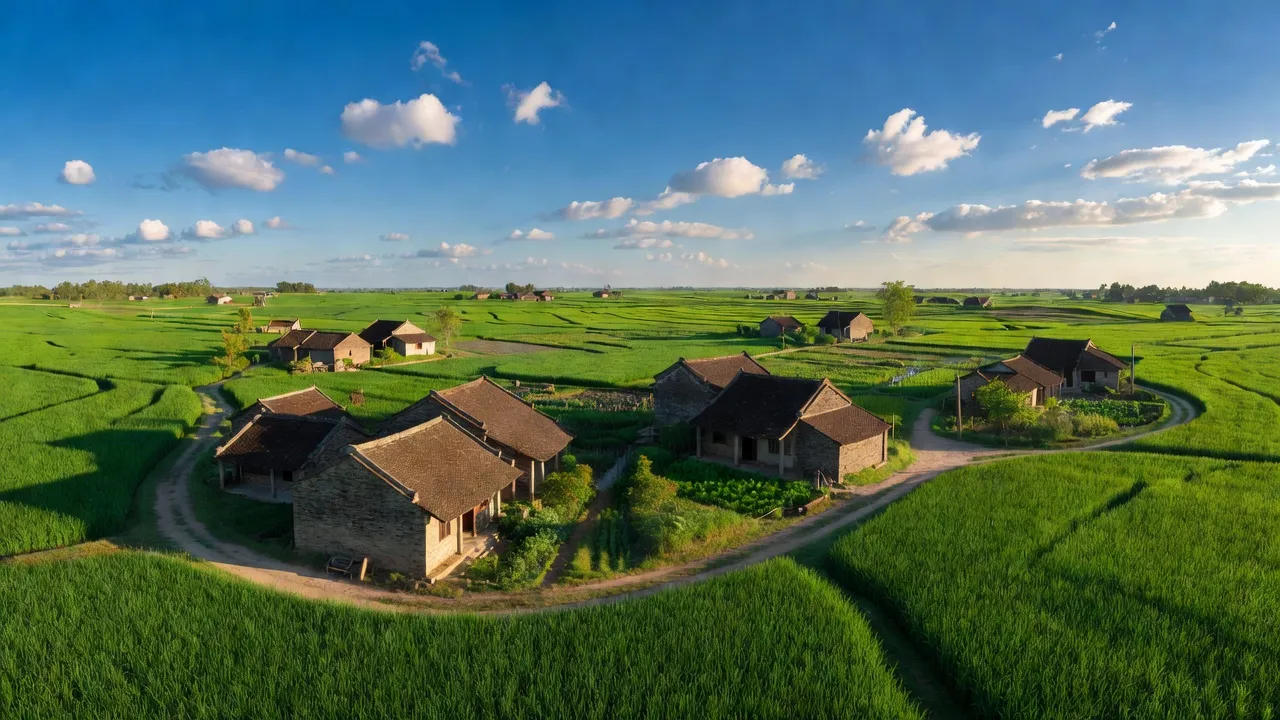 Khung cảnh huyện Nam Sách, Hải Dương với cánh đồng xanh và nhà truyền thống Việt Nam.