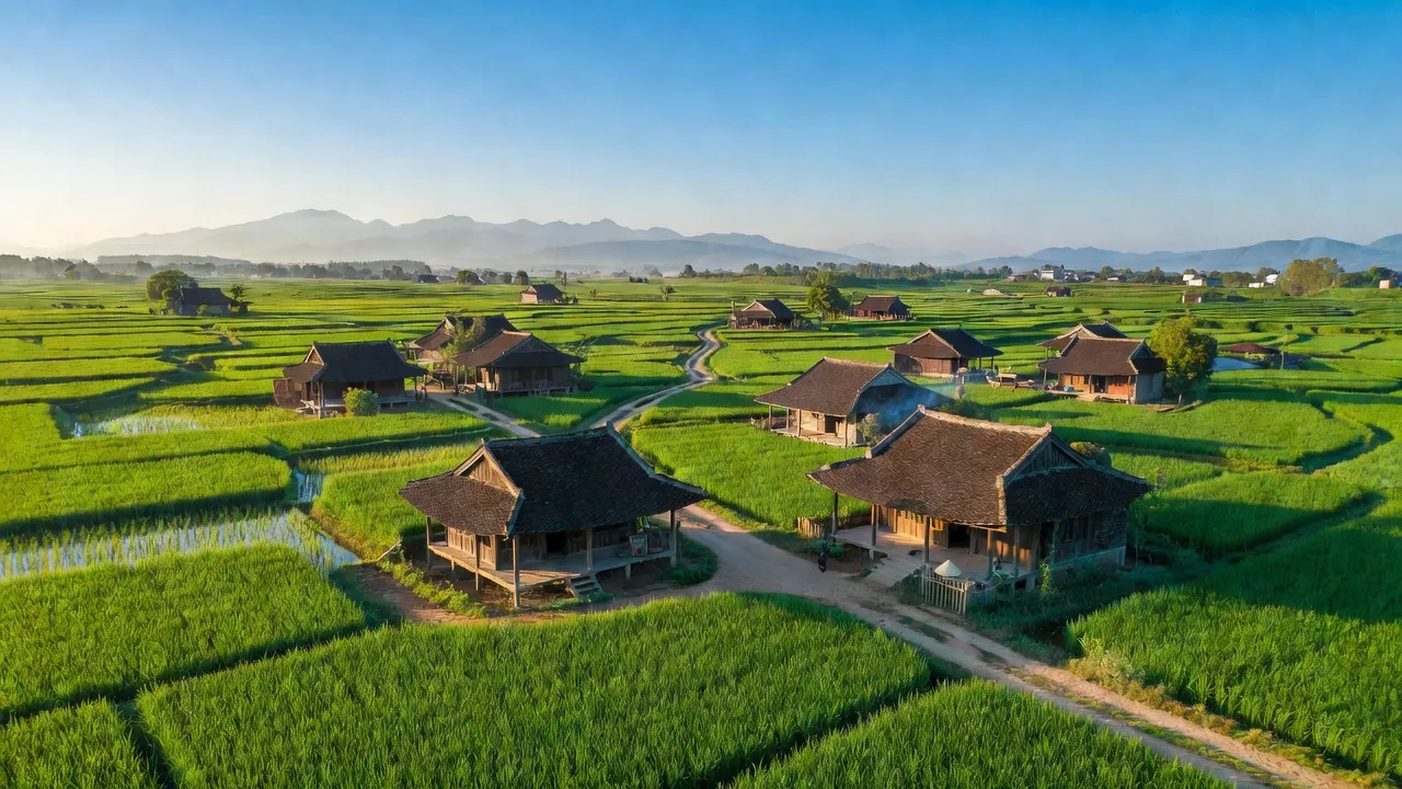 Khung cảnh huyện Nam Sách, tỉnh Hải Dương với cánh đồng xanh và nhà truyền thống, thể hiện vẻ đẹp nông thôn.