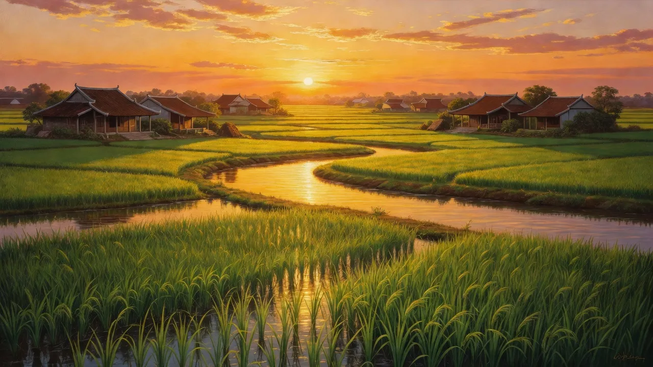 Khung cảnh huyện Ninh Giang, Hải Dương với cánh đồng xanh và dòng sông yên bình.