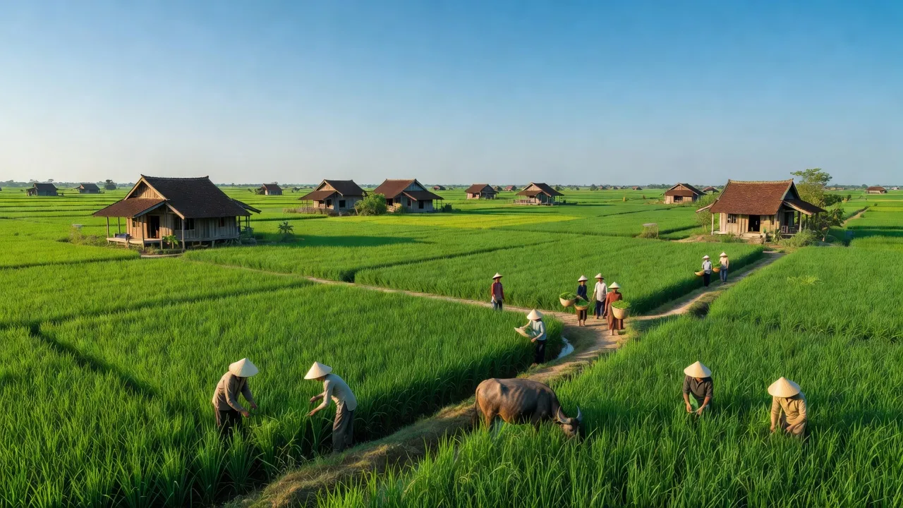 Cảnh đồng quê Huyện Thanh Hà, Hải Dương, với nhà truyền thống và bầu trời xanh đẹp.