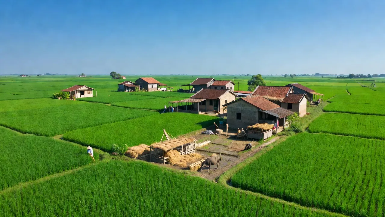 Cảnh quan huyện Tứ Kỳ, Hải Dương với cánh đồng xanh tươi và nhà quê truyền thống.
