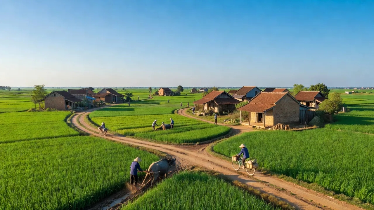 Khung cảnh huyện Tứ Kỳ, Hải Dương với đồng cỏ xanh, nhà truyền thống và đường nông thôn.