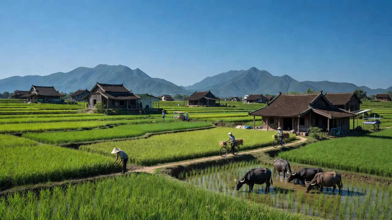 Cảnh sắc huyện An Lão, Hải Phòng với cánh đồng lúa xanh và nhà truyền thống, trời xanh.