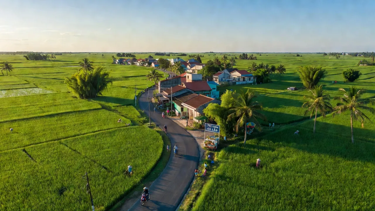 Khung cảnh huyện An Lão, Hải Phòng với cánh đồng xanh, đường giao thông và thị trấn An Lão.