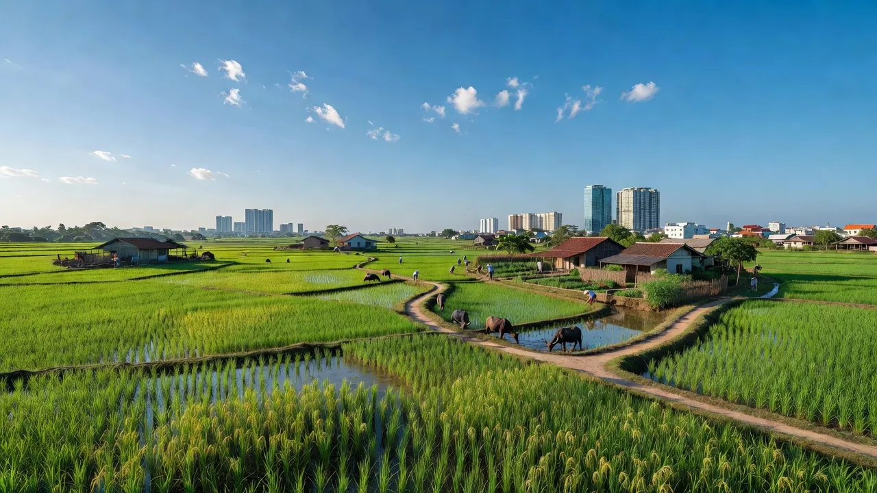 Kiến Thuỵ district in Hải Phòng with lush greenery, rice paddies, and a vibrant urban skyline.