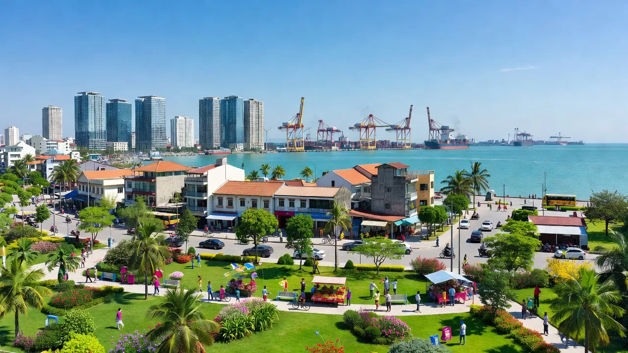 Khung cảnh quận Dương Kinh, Hải Phòng với bờ biển, đô thị và cuộc sống địa phương sôi động.