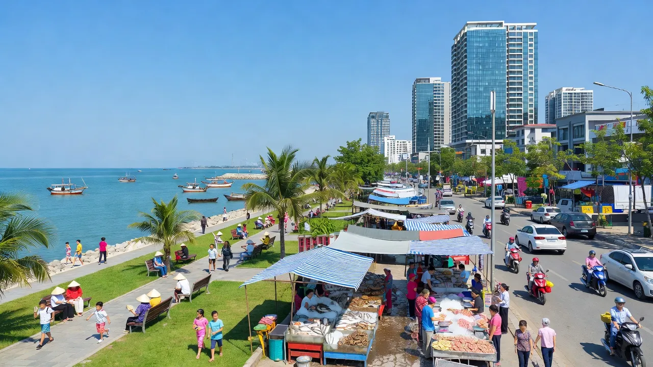 Quận Dương Kinh, Hải Phòng với bờ biển, kiến trúc hiện đại và không khí sôi động.